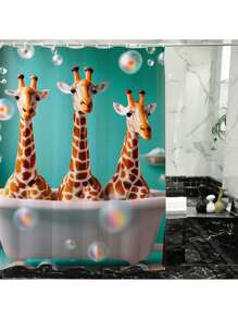 1 Peça Cortina de Chuveiro Cartoon Girafa e Banho de Bolha, Design de Papel de Parede Tropical com Patinhos Amarelos, Decoração Divertida para Banheiro, Inclui 12 Ganchos De Volta às Aulas