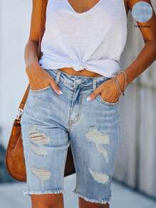 Women's Summer Solid Color Mid-Waisted Ripped Denim Shorts - Rửa nhẹ - Xem 4