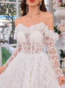 UNITHORSE UNITHORSE V-Neck Strapless Dress With Long Sleeves, Luxurious Lace Trim Decorated Skirt, Light Wedding Dress, Fishtail Waist Formal Dress,Bride, All White Party Outfit Women