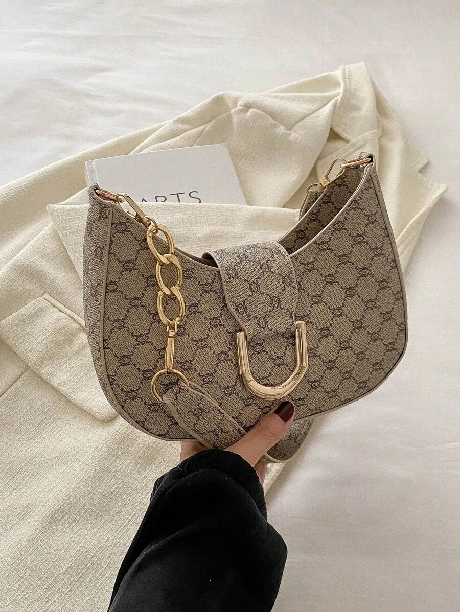 Mi Lightweight,Business Casual Small Zipper Hobo Bag Fashionable Black Metal Decor For Teen Girls Women College Students,Rookies & White-Collar Workers Perfect For Office,College,Work ,Business,Commute,Outdoors, Travel, Outings - Khaki - View 1