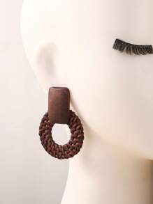 1 对手工藤条编织镂空圆形和矩形木质耳环，复古，适合海岛度假、聚会、礼物，咖啡棕色 - 咖啡棕 - 查看 7