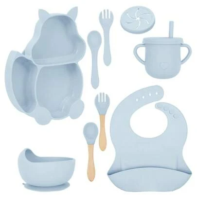 8 Piezas Platos Para Bebe,Juego de silicona de grado alimenticio para bebé, incluye tenedor y cuchara para bebé, bolsa de arroz, baberos para bebe, plato de cena, complemento alimenticio, vajilla con ventosa anticaída