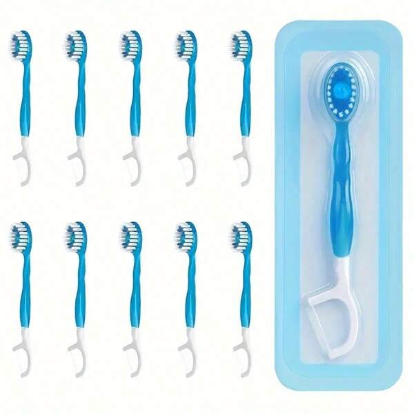 20/10 piezas de cepillos de dientes de viaje desechables mini con cuentas frescas, cepillo mini 5 en 1 con hilo dental, raspador de lengua y pico, cepillo de dientes de viaje portátil con cuentas frescas para decoración del hogar, baño y vuelta al cole