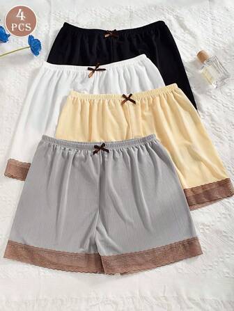 CELILIN 4 piezas Pantalones cortos de verano para mujer con adorno de lazo y encaje, pantalones anti-rozaduras
