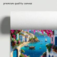 1 Cartel de impresión en lienzo de una aldea escénica frente a la playa, arte de pared moderno, pintura decorativa, adecuada para el hogar, dormitorio, sala de estar, baño, oficina, decoración del hogar, decoración de pared