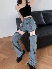 Women's Casual Street Style Zip-Up Patchwork Denim Long Pants