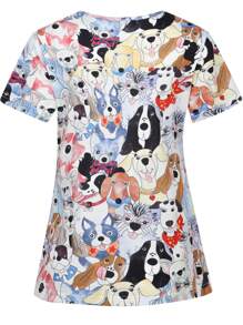 Women's Cartoon Dog V-Neck Short Sleeve Nurse Uniform Top With Pockets, Spring/Summer - Multicolor - View 2
