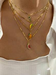 Monlansher 1 pezzo Collana da donna in acciaio inossidabile con pendente fatto a mano a goccia di smalto a forma di frutta, design alla moda, fresco e carino, stilosa e versatile per uso quotidiano
