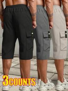 Hidkat paquete de 3 pantalones capri tipo cargo para hombres, con cintura con cordón, bolsillos grandes, parches con letras, pantalones deportivos de moda casual