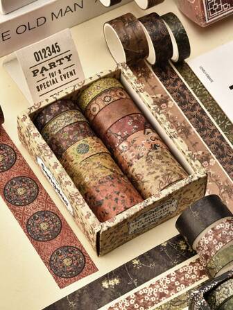 12 Rolls/Box, Retro Landscape Washi Tape, Creative Floral Mountain Crane Print Design Sticker Rolls, Scrapbook And Gift Wrapping Decoration DIY Masking Tape Back To School