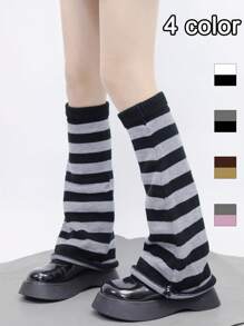 1 paire de jambières larges en tricot à couleur contrastée rayée, style universitaire mignon, chaud et adapté pour le port quotidien