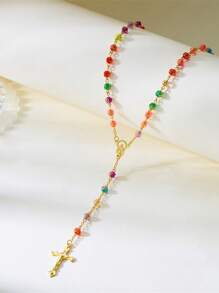 Premium Colored Beads, Virgin Cross, Pendant Necklace, Long Chain, Tassel Inspired Versatile Necklace