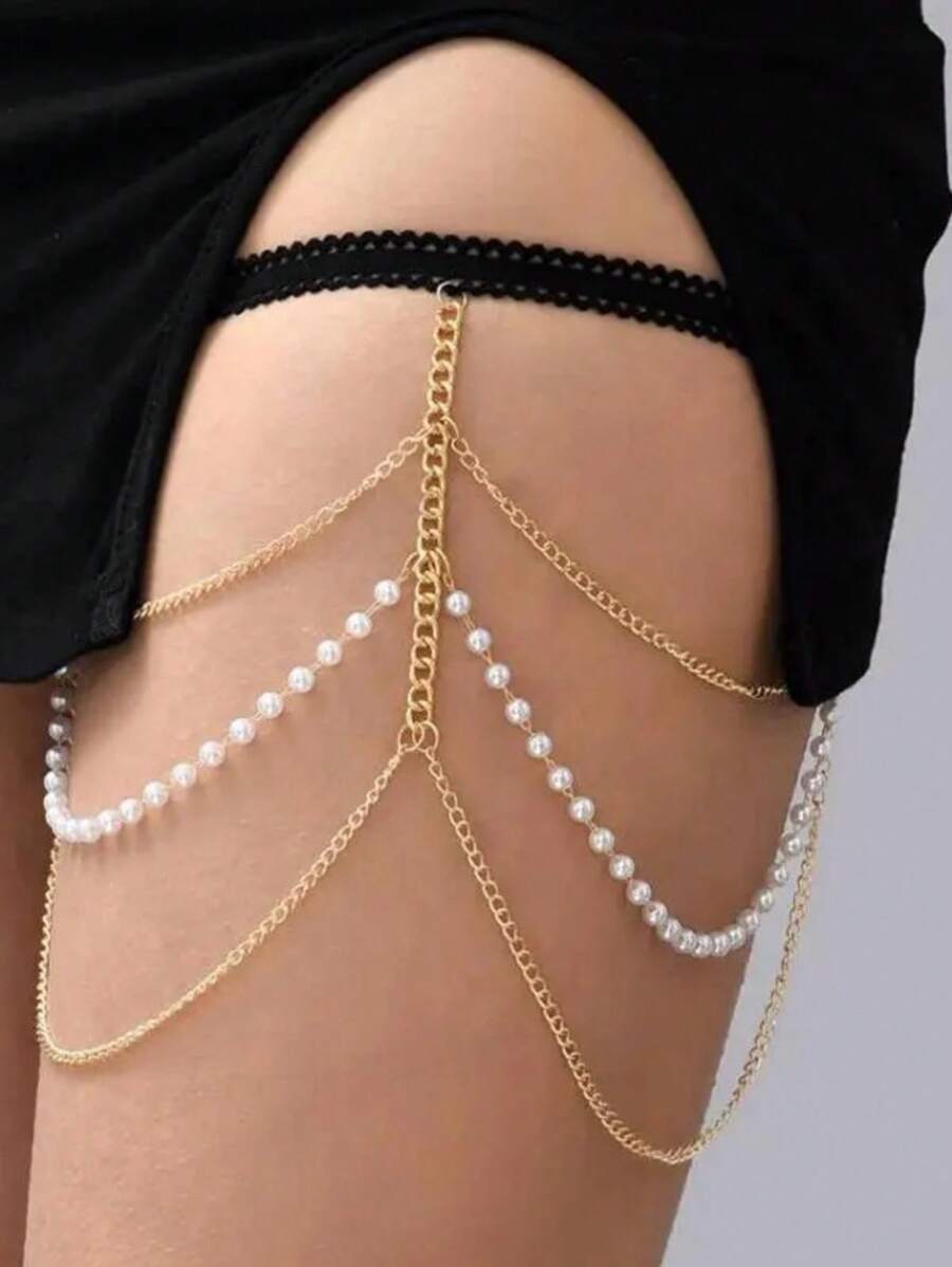 1pc Sexy Personalized Leg Chain, Retro Exaggerated Elastic Rope Pearl Multi-Layer Leg Chain - Gold - View 1