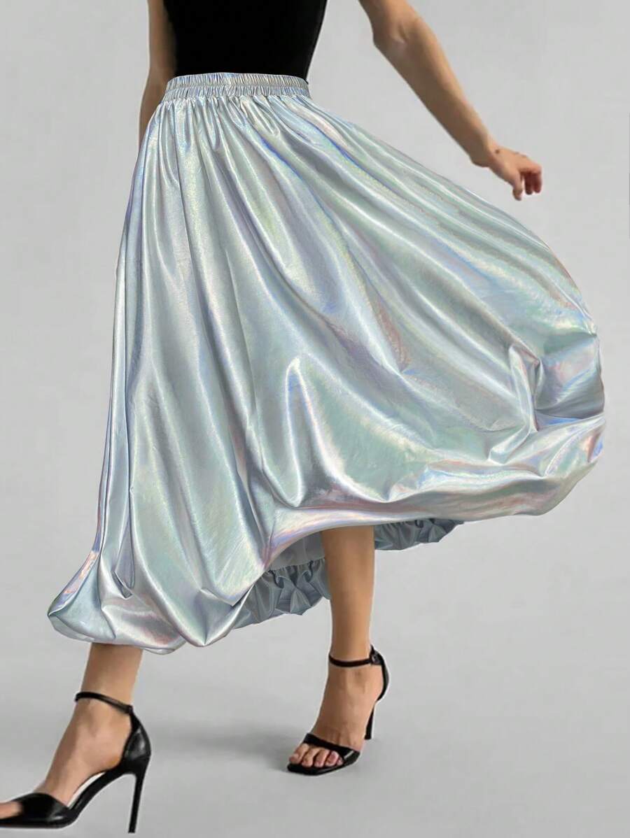 Elegant Pleated Reflective Loose High Waist A-Line Solid Color Skirt, Occasion & Birthday Wear, Machine Washable - Silver - View 1
