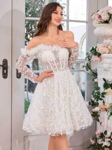 UNITHORSE UNITHORSE V-Neck Strapless Dress With Long Sleeves, Luxurious Lace Trim Decorated Skirt, Light Wedding Dress, Fishtail Waist Formal Dress,Bride, All White Party Outfit Women