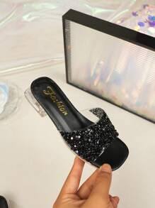 女童时尚高跟拖鞋 夏季新款方头闪亮钻石设计防滑耐用时尚优雅女童高跟拖鞋