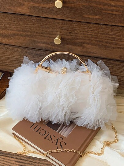 2025 Spring/Summer New Arrival White Romantic Wedding Season 1pc White Mesh Ruffle Tassel Buckle Rhinestone Decorated Handbag, High-End Women's Luxury Dress Evening Bag, Bridal Wedding Party Clutch