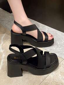 Beige Waterproof Platform Thick-Sole Slide Sandals For Women, Outdoor Wear,Cross Strap Chunky Heel Sandals, Black - Black - View 5