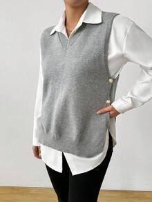 Pull sans manches en tricot casual à col en V unicolore, pour femmes. Printemps/Automne/Hiver - Gris pâle - Voir 4