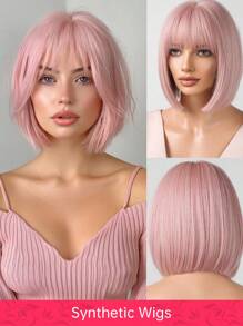 Peluca corta rosa de 12 pulgadas para mujer, peluca rosa fucsia recta con flequillo, peluca sintética rosa bob para mujer y niña, peluca de colores para disfraz de Halloween y festivales de música - Rosa - Ver 1