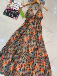 Long Dresses With 3D Print, Multicolored, New Model With Tie At The Back, Bare Back - trái cam - Xem 3