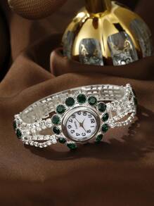 3-Piece Set: Women's Fashionable Versatile Hand Chain Quartz Wristwatch + Pen + Notebook - Dark Green - View 5