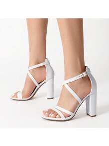 Women Multi Strap Chunky Heeled Sandals Soft Comfort Block Heeled Sandals For Prom Dancing Wedding - White - View 8