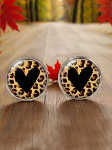 1 par de aretes tipo botón con estampado de leopardo y forma de corazón, de acero inoxidable, como regalo para el Día de la Madre