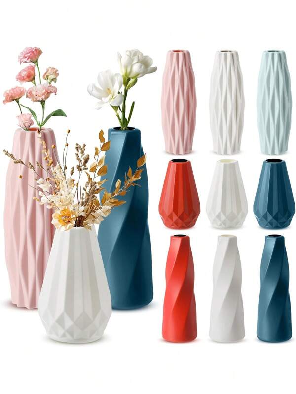 1 pieza Maceta de plástico PE con flor artificial, jarrón decorativo de escritorio adecuado para flores secas y frescas, decoración del hogar y la oficina