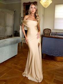 Slim-Fit Satin Off-Shoulder Split Hem Formal Dress, Party Dress, For Cocktail - Gold - View 1