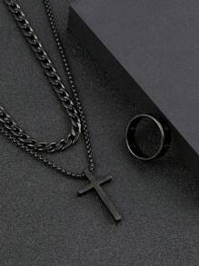 3 piezas Set de joyas para hombre, collar de cruz, pulsera, anillo de cruce, adecuado para uso diario decorativo