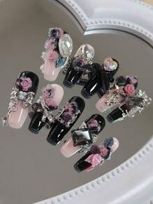 10pcs Set Handmade Coffin Shaped Nails With Rhinestones, Black & Pink Ombre Rose & Peony Flowers, Oversized Cubic Zirconia Accents - Ideal For Parties, Dates, Holidays Press On Nails