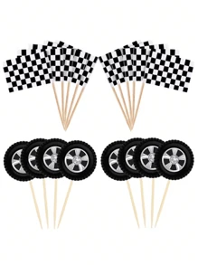 20/24pcs Racing Scene Cake Decoration Flag Wheel Racing Party Cake Decoration Mini Checkered Racing Flag Cake Decoration Racing Theme Party Supplies Black And White Checkered Flag Cake Card Birthday Dessert Table Card. - Multicolor - View 8