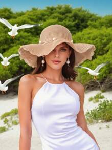 2025 Summer Women's Khaki/Beige Bohemian Beach Hat UPF 50+ Woven Straw Wide-Brimmed Sun Hat | Pearl Decor Women's Vintage Hats, Beach Accessories & Tropical Vacation (1 Hat)