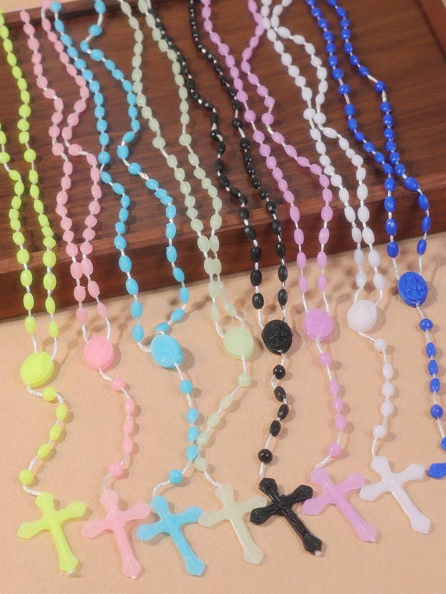 1pc Cheap Colorful Glow-In-The-Dark Plastic Rosary Beads Necklace With Cross, Religious Jesus Catholic Christian Cross Pendant - Plastic Beaded Necklace - View 1