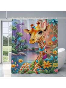 1 Peça Cortina de Chuveiro Cartoon Girafa e Banho de Bolha, Design de Papel de Parede Tropical com Patinhos Amarelos, Decoração Divertida para Banheiro, Inclui 12 Ganchos De Volta às Aulas