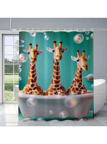 1 Peça Cortina de Chuveiro Cartoon Girafa e Banho de Bolha, Design de Papel de Parede Tropical com Patinhos Amarelos, Decoração Divertida para Banheiro, Inclui 12 Ganchos De Volta às Aulas