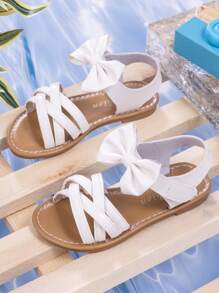 夏季蝴蝶结公主鞋，时尚百搭交叉编织平底凉鞋，柔软鞋底，舒适魔术贴休闲鞋 - 白色 - 查看 6