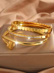 Camhanno 3 Pieces Of Light Luxury And Elegant, Atmospheric Fashion Stainless Steel Versatile Rotating, Single-Row Diamond, Love/Flower Embossed Bracelet Is Suitable For Daily Wear, Holiday Girlfriend