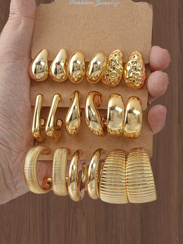 6-18pcs Geometric Textured Teardrop Golden Fashion Bohemian Style Earrings, Suitable As Gifts For Family And Friends For Holidays (Paper Card Packaging)