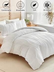 2/3件套白色条纹簇绒提花涤纶被套套装，波西米亚复古时尚床上用品套装，四季皆宜，大号（1个被套+1/2个枕套） - 白色 - 查看 3