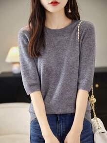 LINY XIN Women's Spring/Summer Crew Neck Short Sleeve Top, Pure Wool Lightweight Soft Sweater Pullover - Grey - View 3
