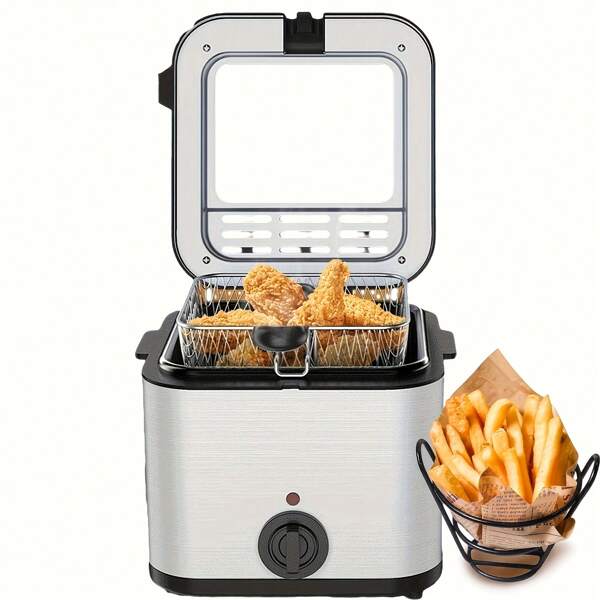 PANCERKA Freidora mini de acero inoxidable con cesta, freidora eléctrica pequeña para uso doméstico, capacidad de 1,5 litros/1,6 qt de aceite, toque frío, lados fáciles de limpiar, cesta antiadherente