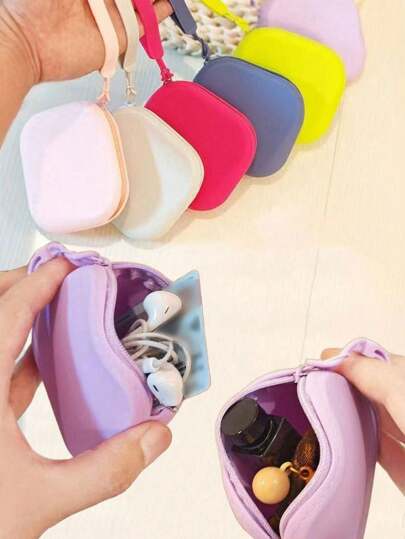 1 pieza Bolsa de almacenamiento digital de color caramelo de silicona, adecuada para guardar cables, auriculares, cargadores, unidades USB, llaves, tarjetas, joyas, monedas y talla grande