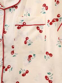 Set de 2 piezas de pijama de verano para mujer con estampado de cerezas, camisa de manga corta con botones y pantalones cortos, ropa de estar por casa casual de verano