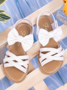 夏季蝴蝶结公主鞋，时尚百搭交叉编织平底凉鞋，柔软鞋底，舒适魔术贴休闲鞋 - 白色 - 查看 2