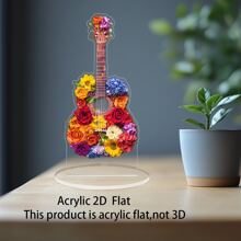 Guitare plate 2D décorée de fleurs colorées, décoration de bureau sans pile nécessaire, livrée avec un socle, convient comme cadeau pour la fête des mères, la rentrée, la remise des diplômes, l'anniversaire