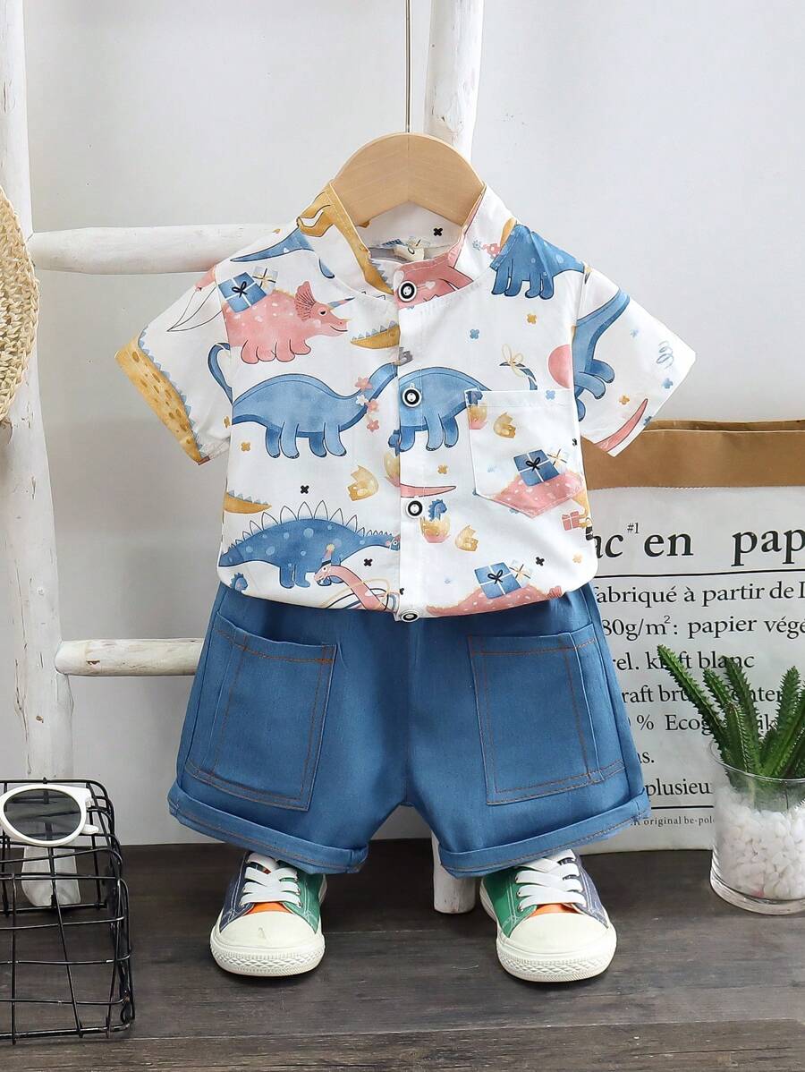 夏季新款青少年男童衣服夏装男童婴幼儿儿童衬衫短袖加牛仔效果套装(25-35度) - 白色 - 查看 1