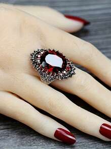 复古夸张设计优雅女士时尚椭圆形人造合成红石榴石戒指经典设计女士订婚求婚戒指生日派对周年礼物鸡尾酒宴会珠宝高端配饰