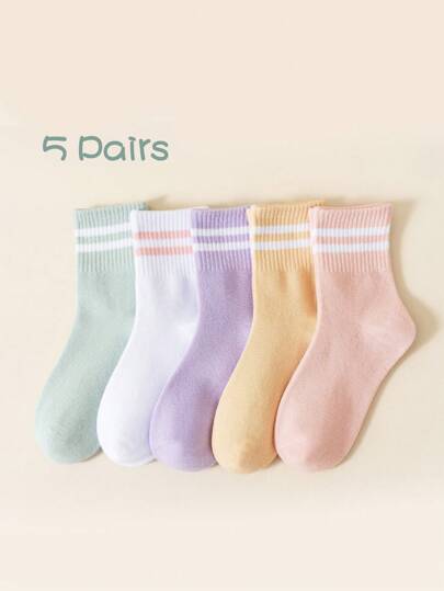 5 Pairs Girls' Cotton Striped Sport Basketball Crew Socks, Suitable For Daily Wear And Back To School